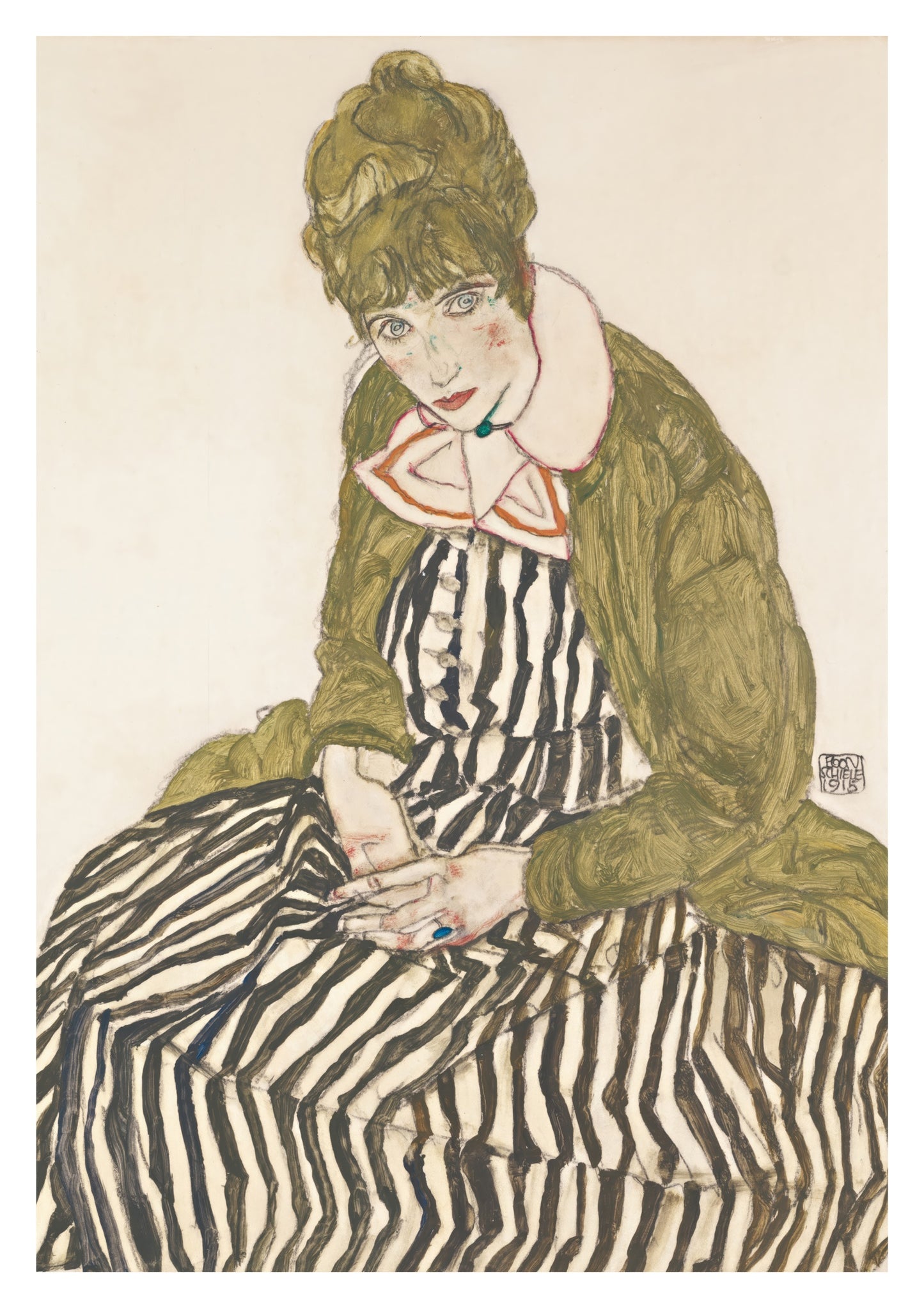 Edith Schiele in a Striped Dress, Seated