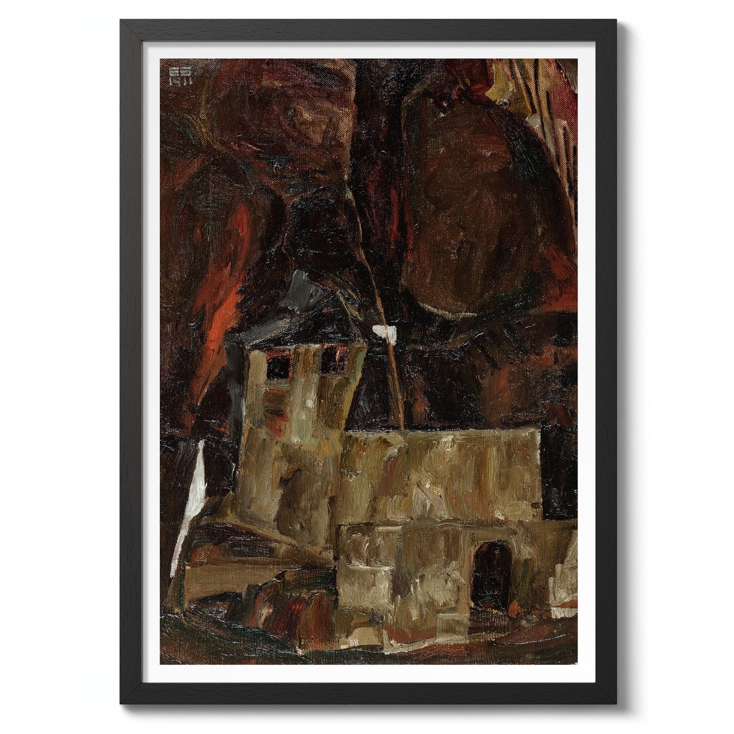 Hus och vägg i kuperad landskap