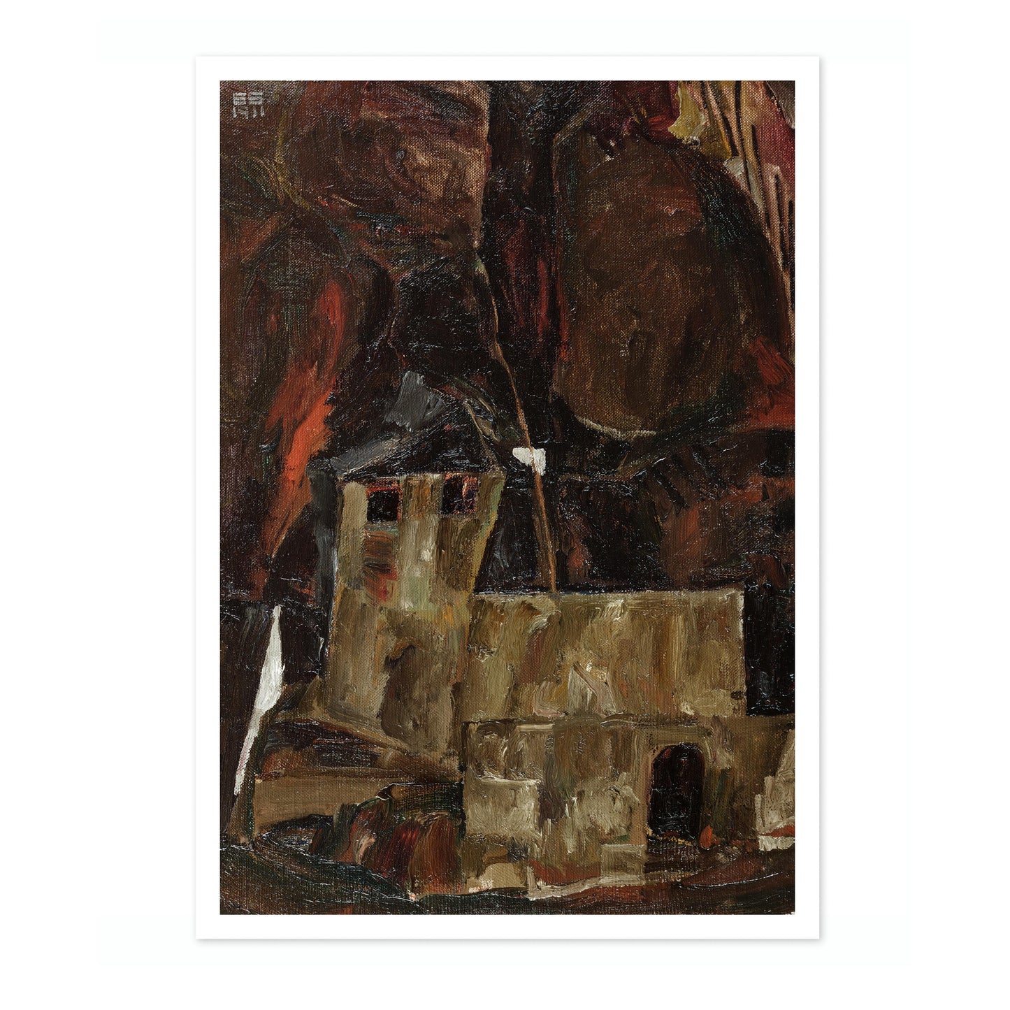 Hus och vägg i kuperad landskap