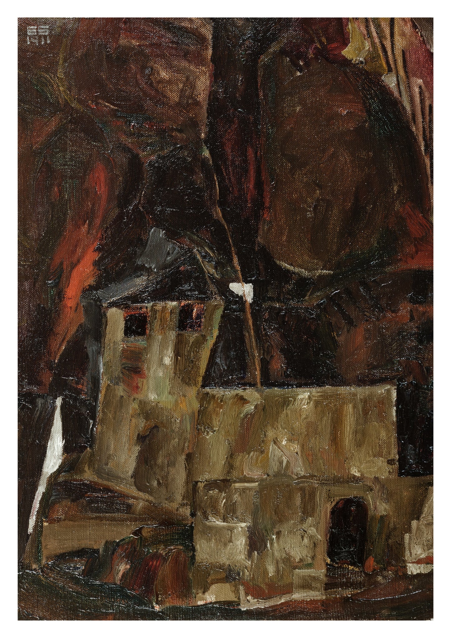 Hus och vägg i kuperad landskap