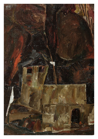 Hus och vägg i kuperad landskap print