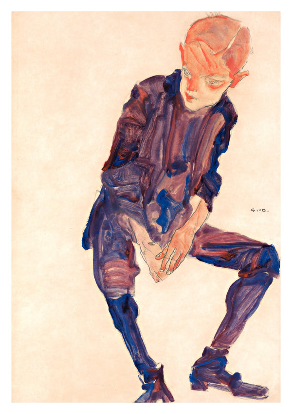 Garçon assis en vêtements violets