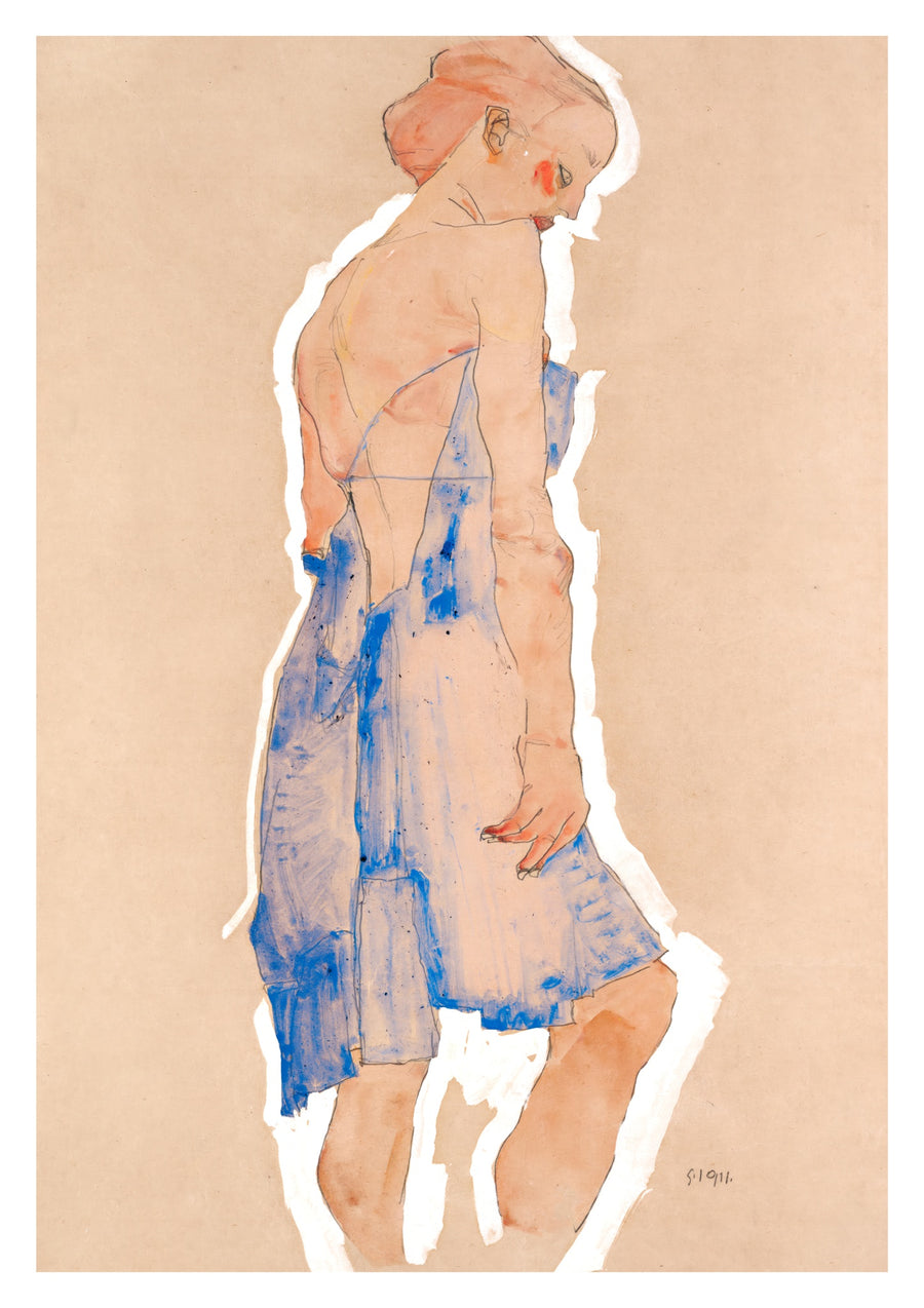 Staand meisje in blauwe jurk - Print Only frame