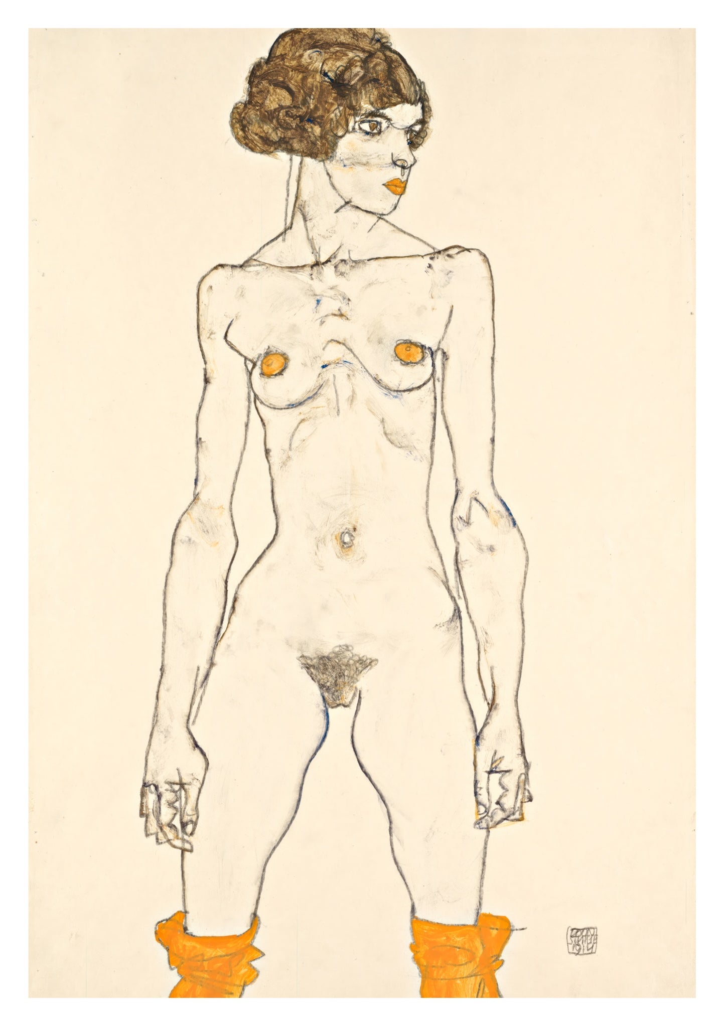 Stående naken flicka med orange strumpor