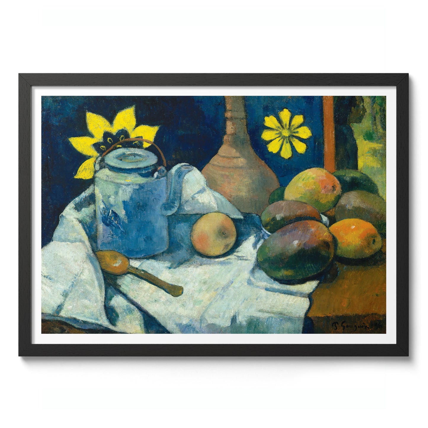 Stilleben med tekanna och frukt