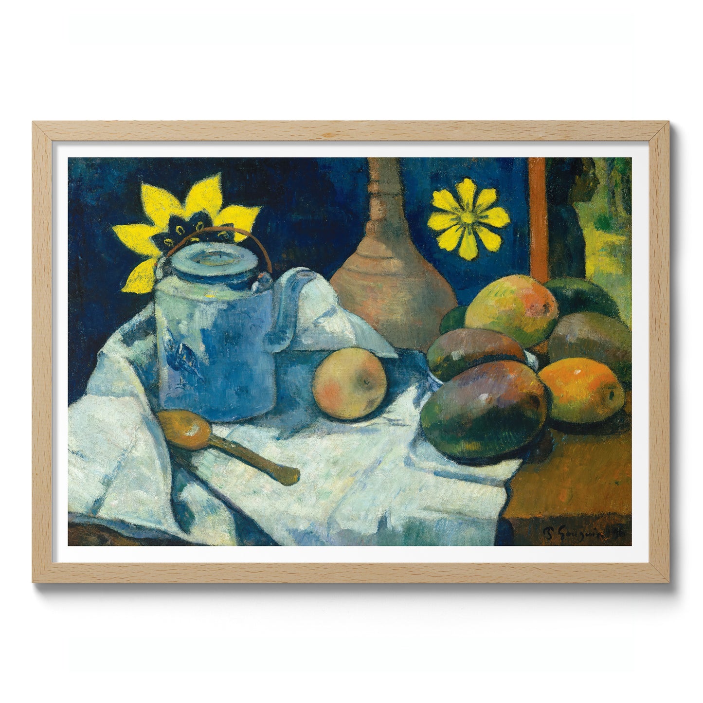 Stilleben med tekanna och frukt