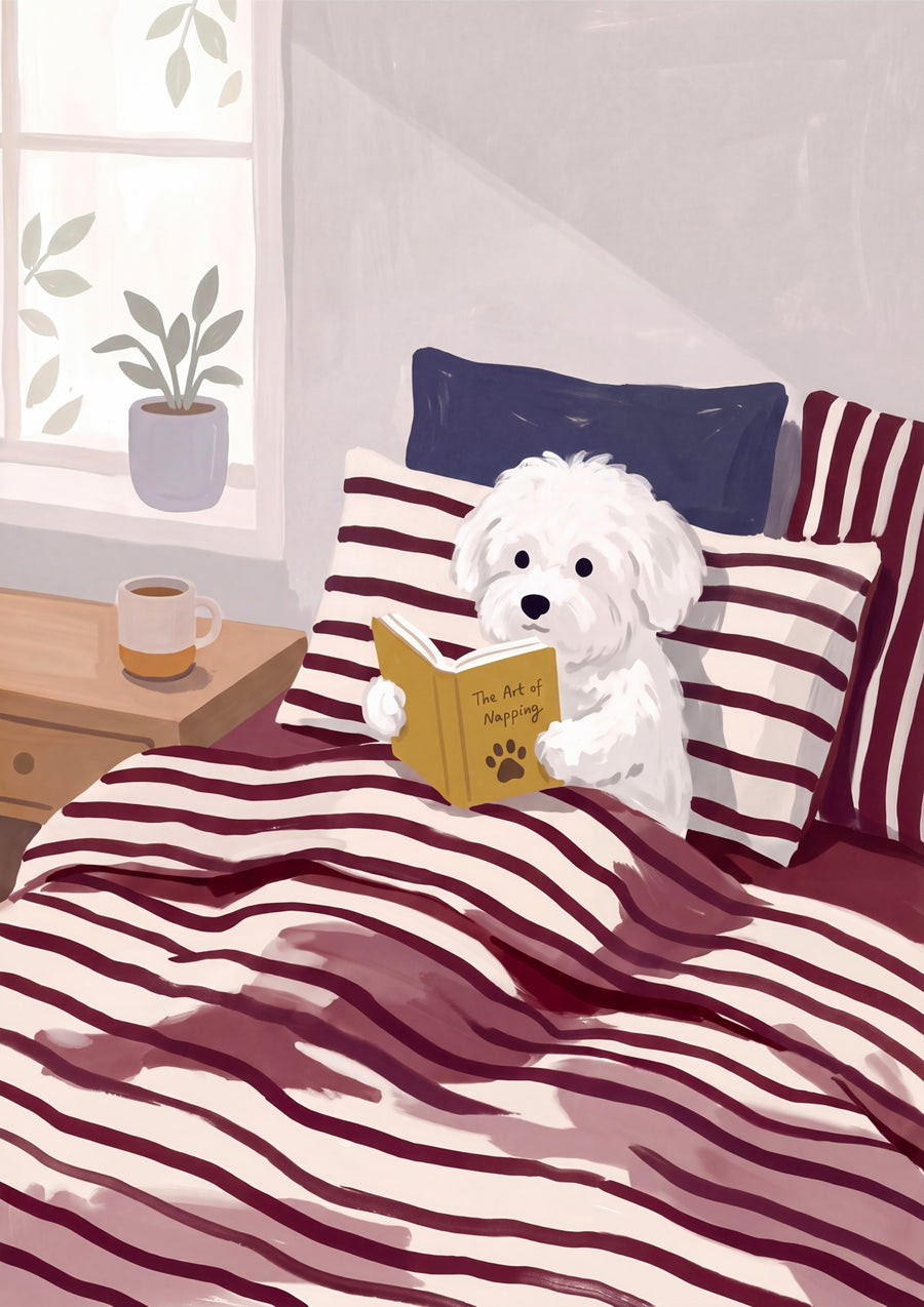 Dog Reading in Bed - Print Only frame
