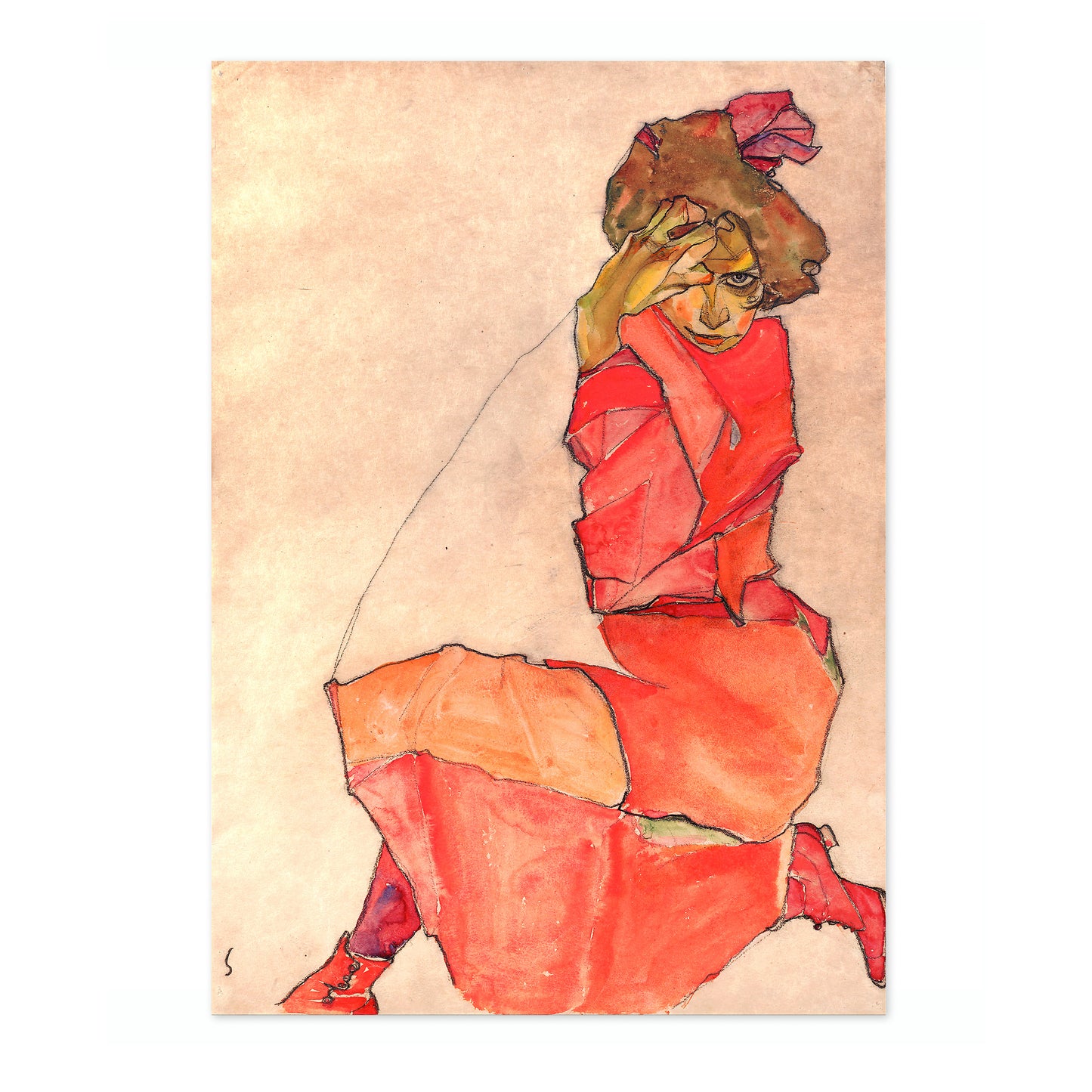 Knäböjande kvinna i orange-röd klänning