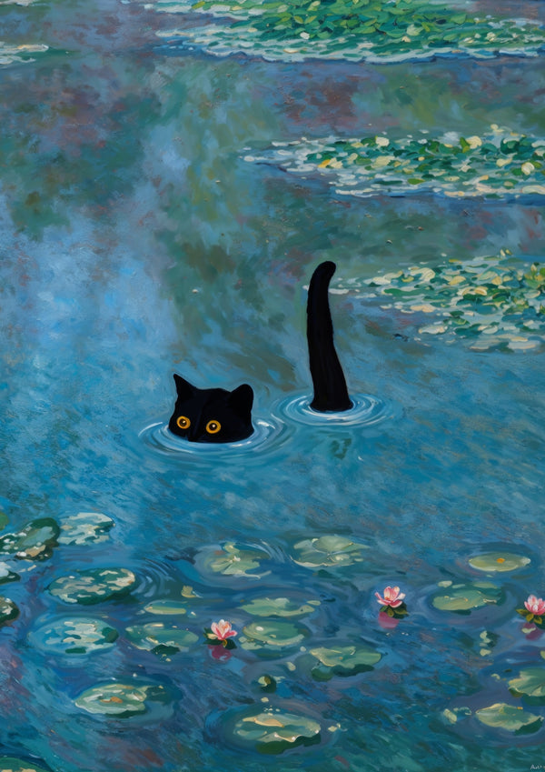 Schwarze Katze unter Seerosen