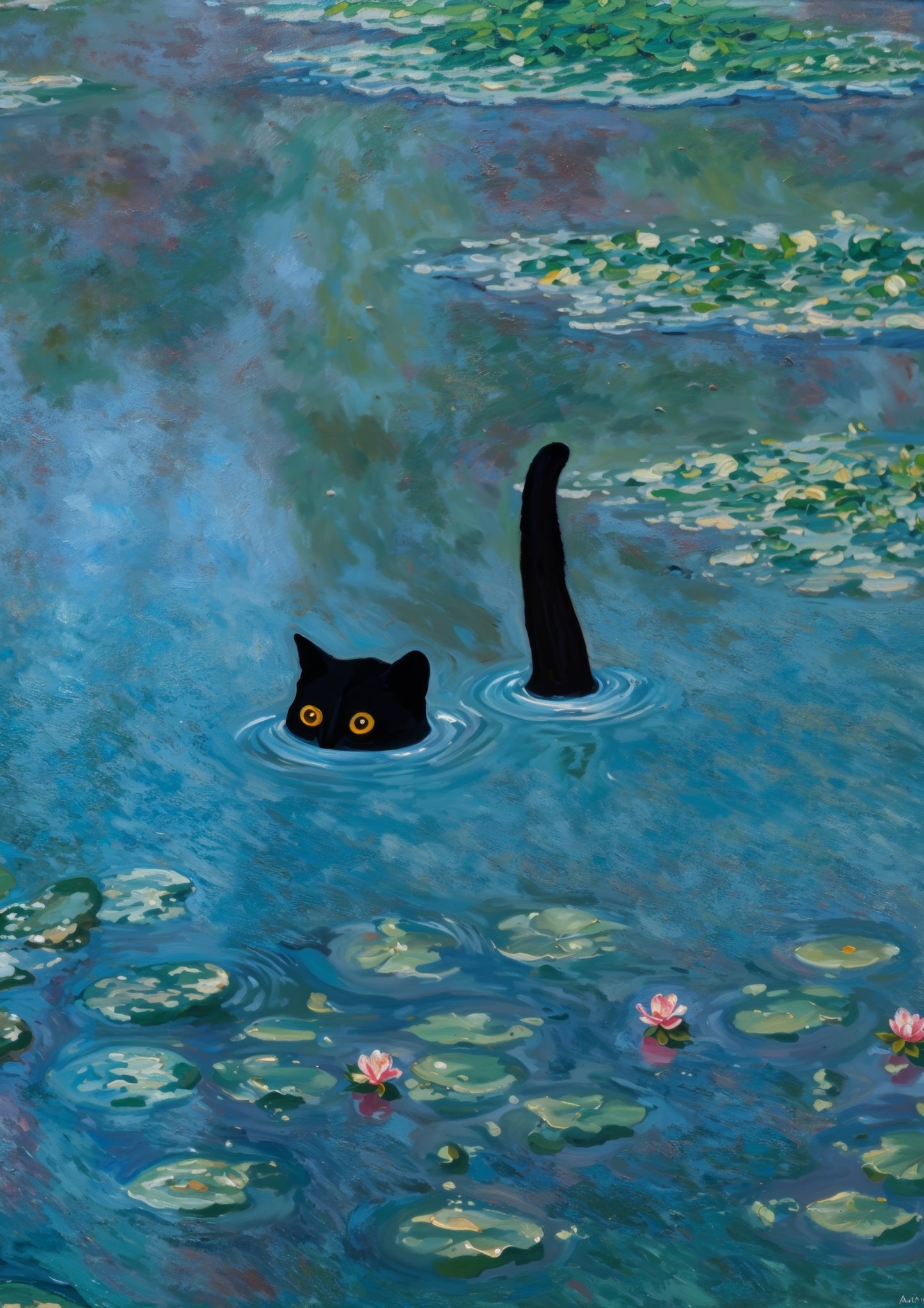 Svart katt bland näckrosor