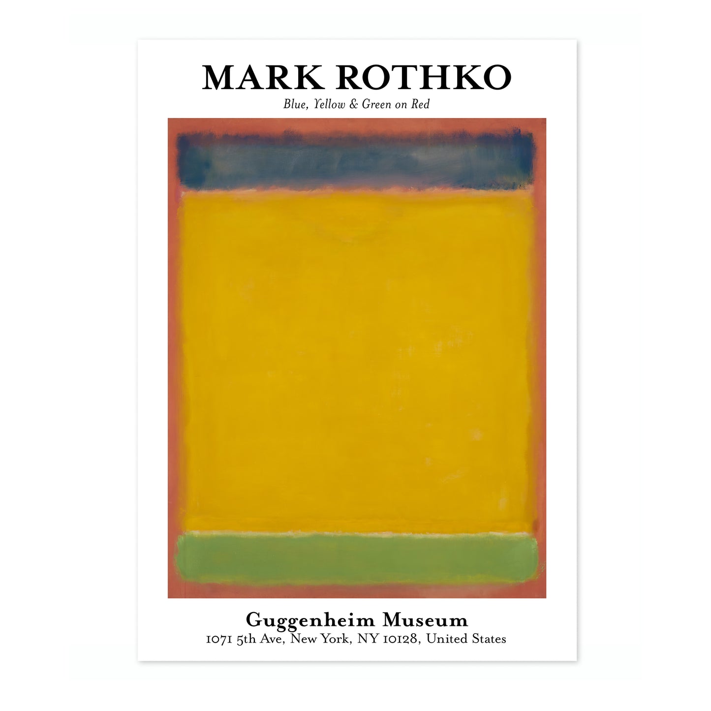 Blå, gul och grön på rött