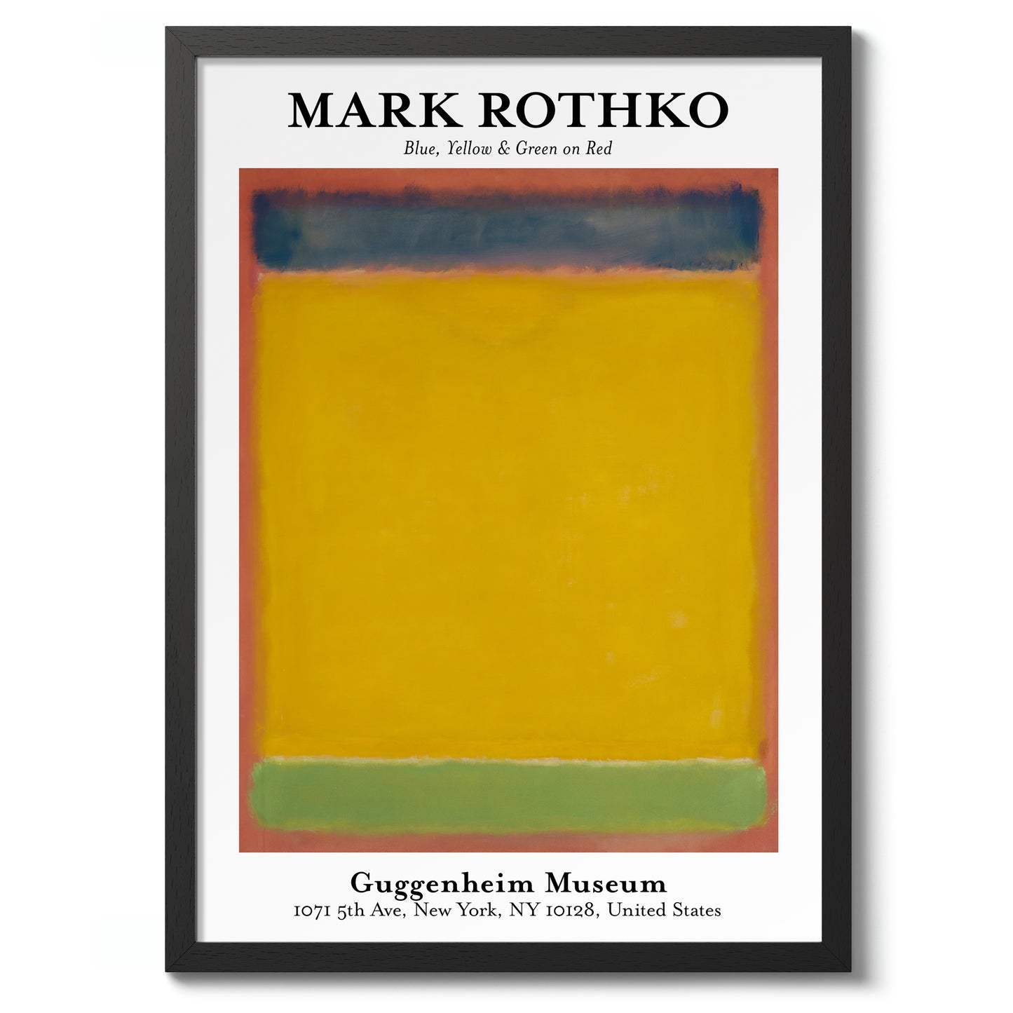 Blå, gul och grön på rött