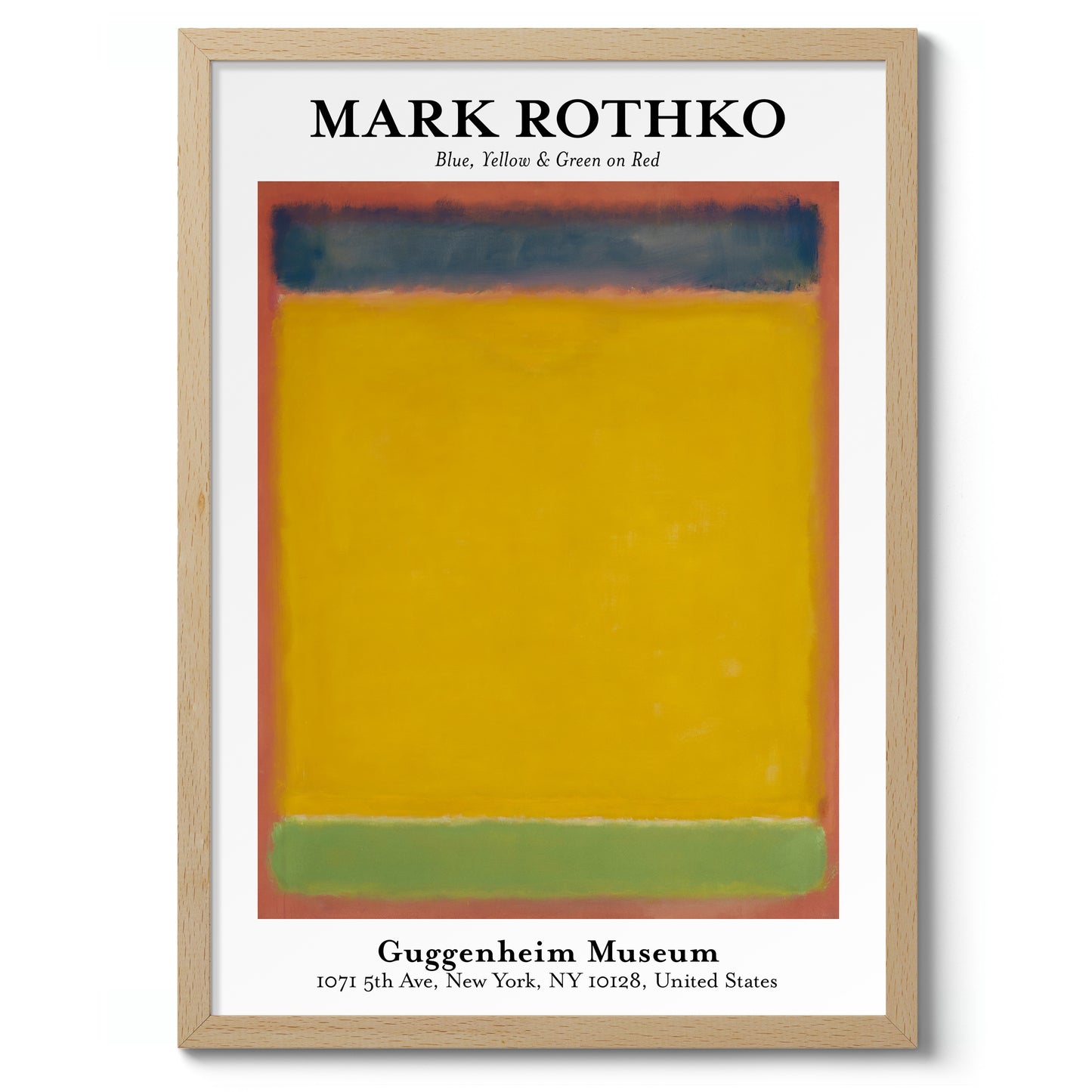 Blå, gul och grön på rött