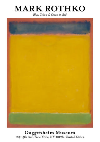 Blå, gul och grön på rött print