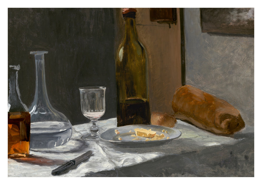 Stilleven met fles, karaf, brood en wijn - Print Only frame
