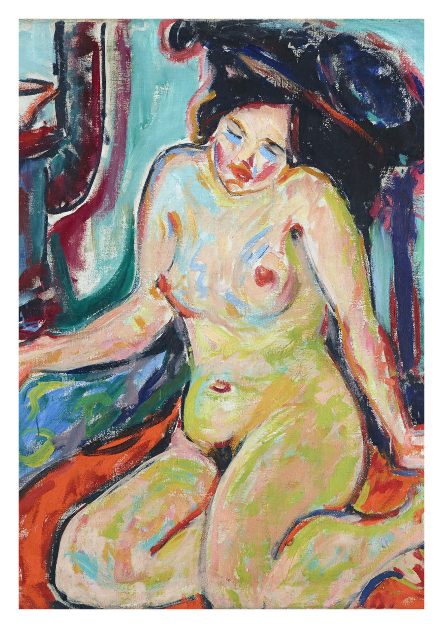Nude Sitting on Orange Cloth - Print Only frame