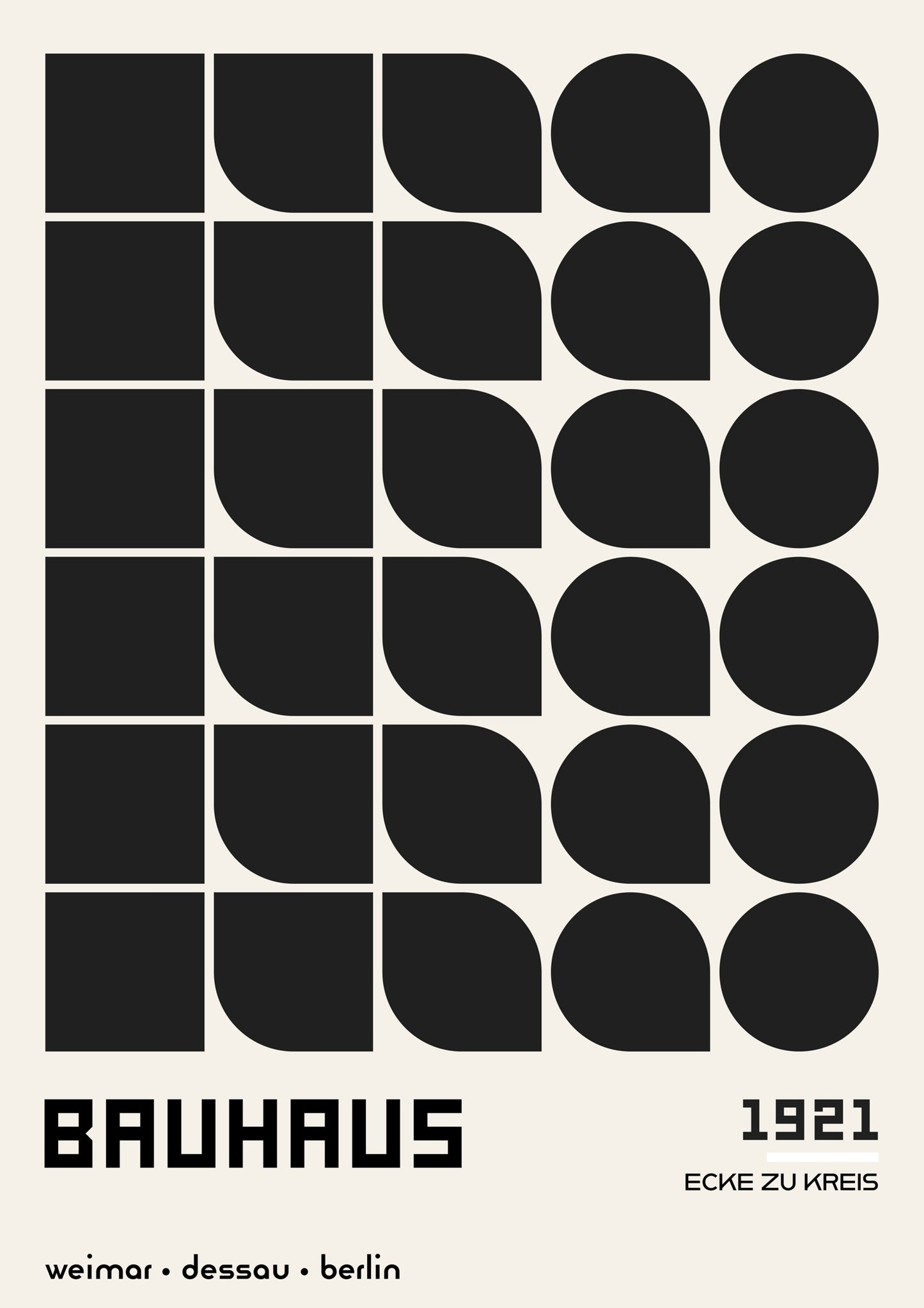 A poster featuring a geometric pattern of black squares and circles arranged in a bold, repetitive pattern on a grey background, with the word 'BAUHAUS' and the year '1921' displayed at the bottom.