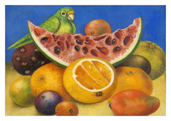 Stilleven met papegaai en fruit