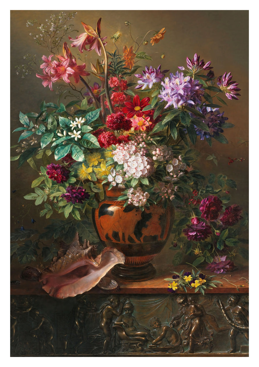 Stilleben med blommor i en grekisk vas; Allegori av våren - Print Only frame