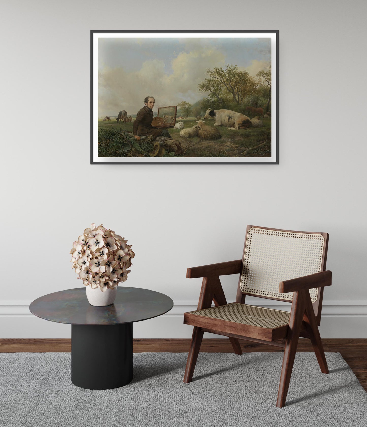 De kunstenaar die een koe schildert in een weide