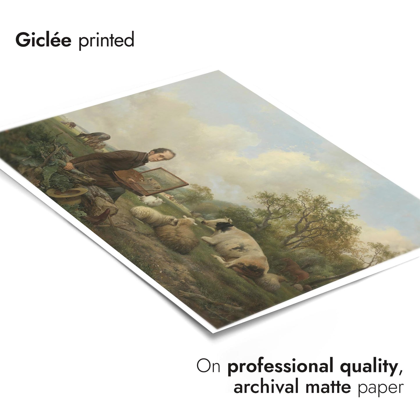 De kunstenaar die een koe schildert in een weide