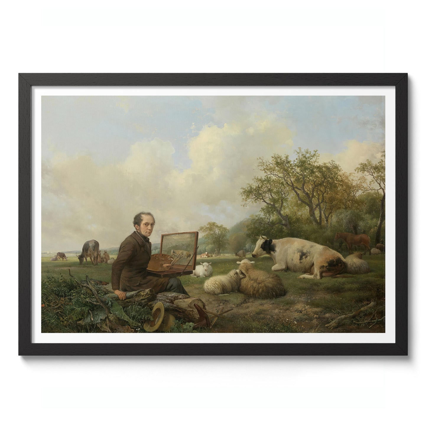 De kunstenaar die een koe schildert in een weide