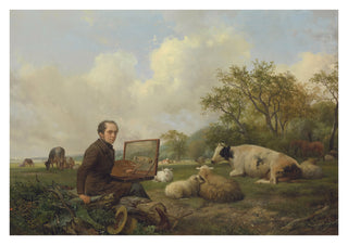 De kunstenaar die een koe schildert in een weide print