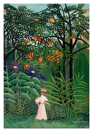 Kvinna som går i en exotisk skog print