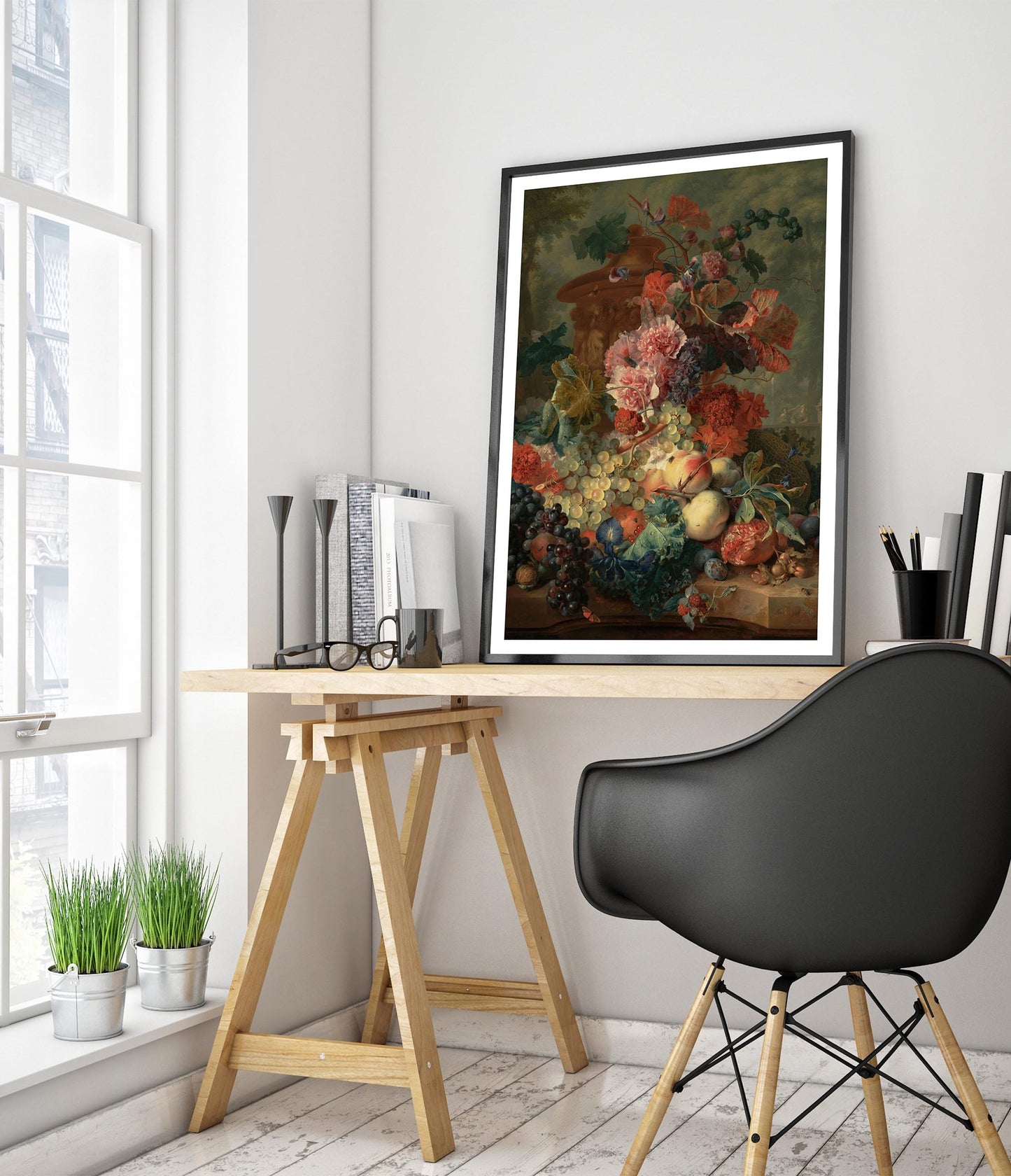 Stilleben med frukt och blommor