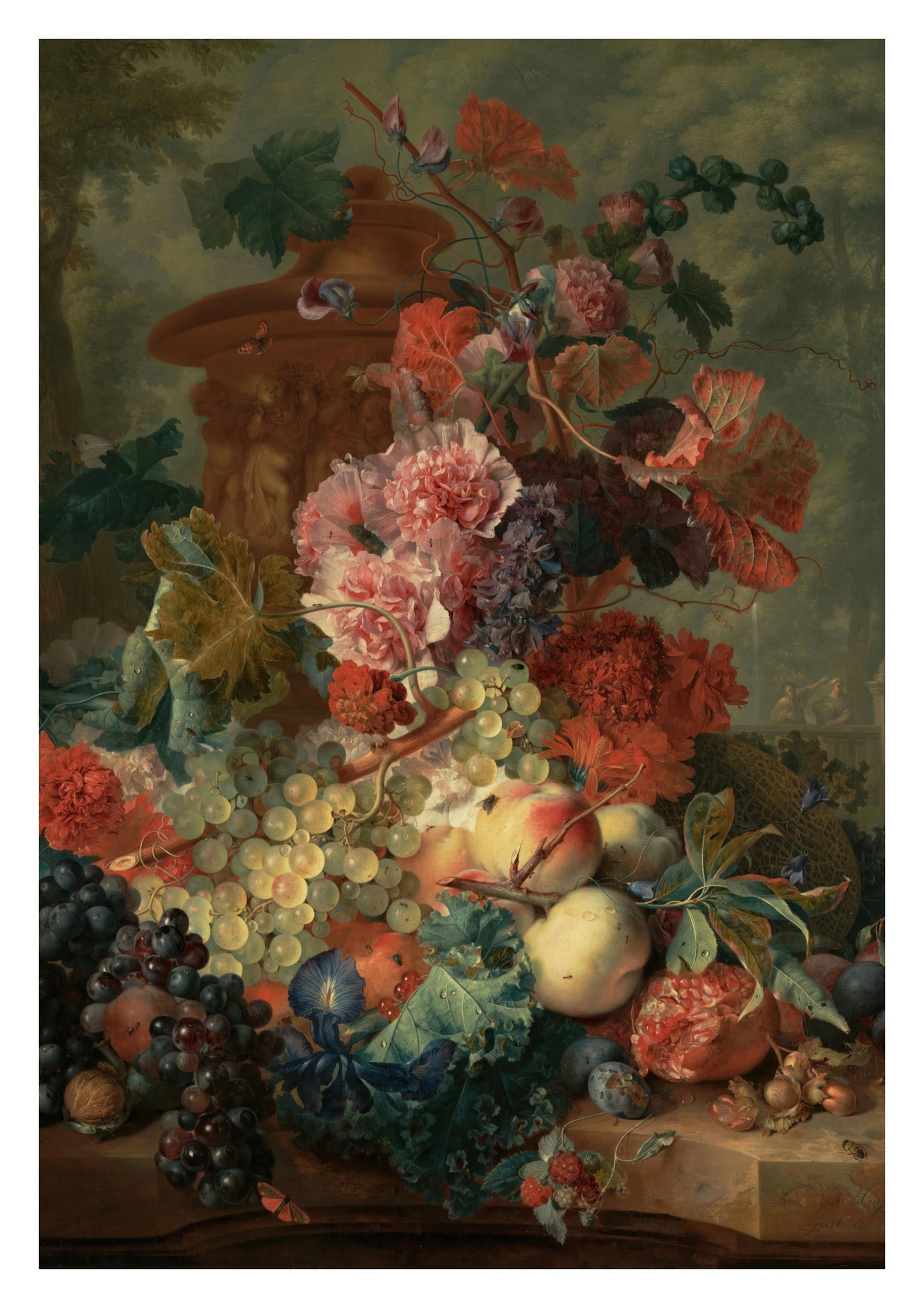 Stilleben med frukt och blommor