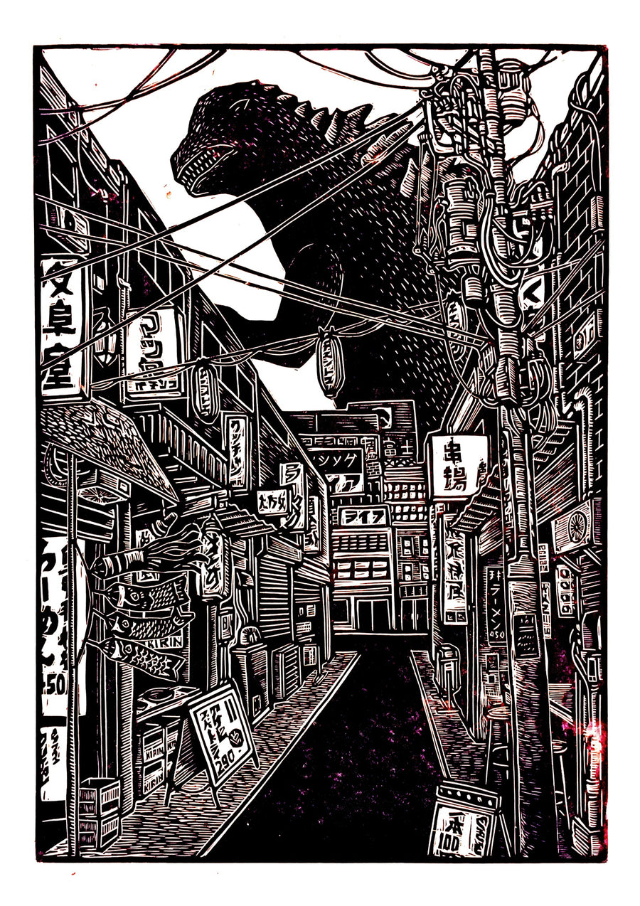 Godzilla Over de Stad - Print Only frame