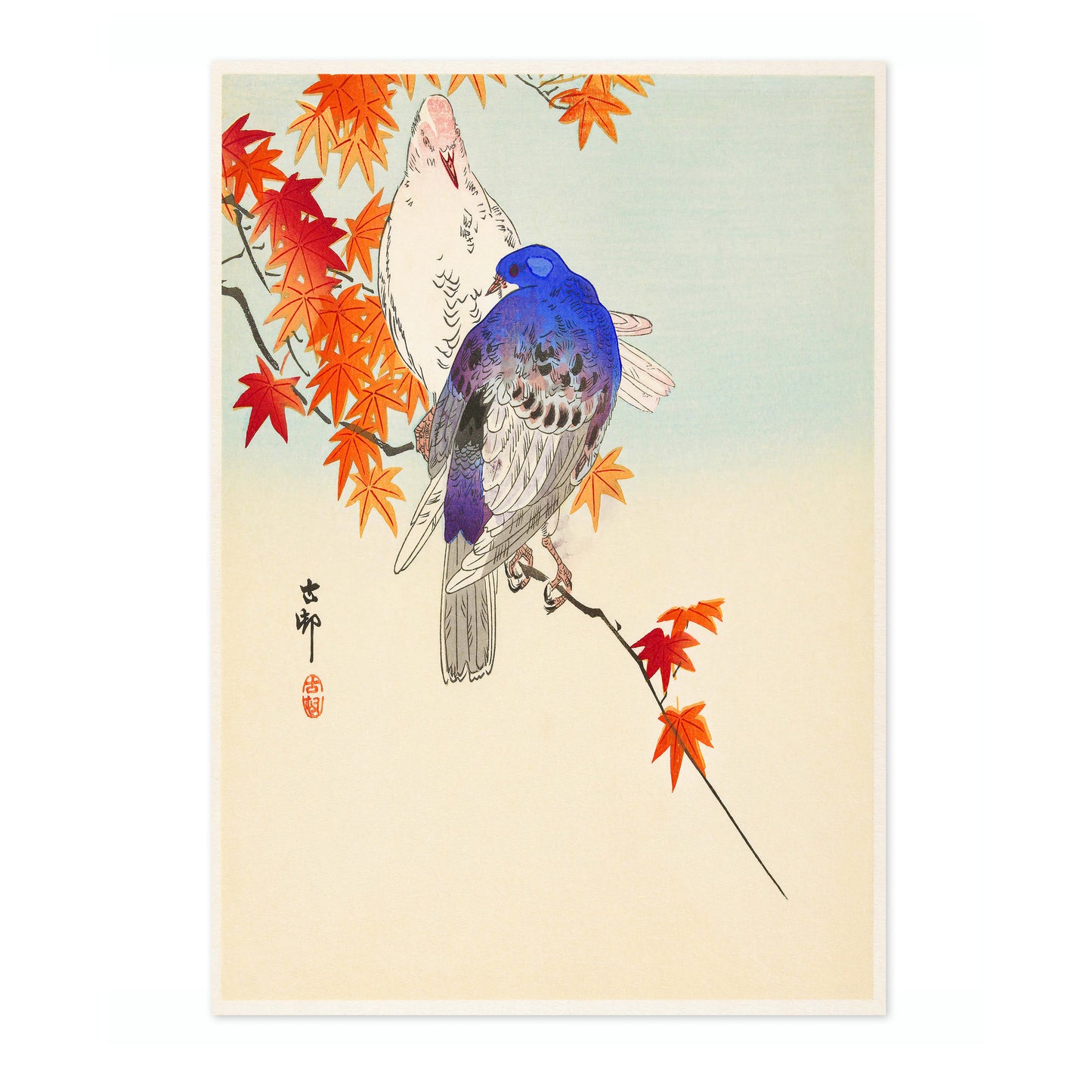 Zwei Tauben auf einem Herbstzweig