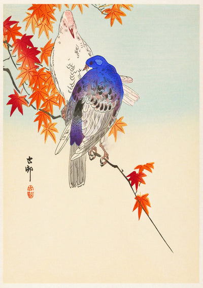 Two Pigeons on Autumn Branch