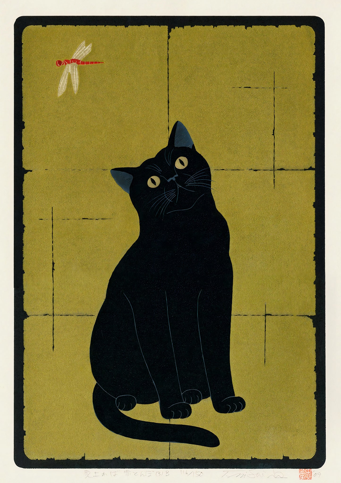 Svart katt med trollslända