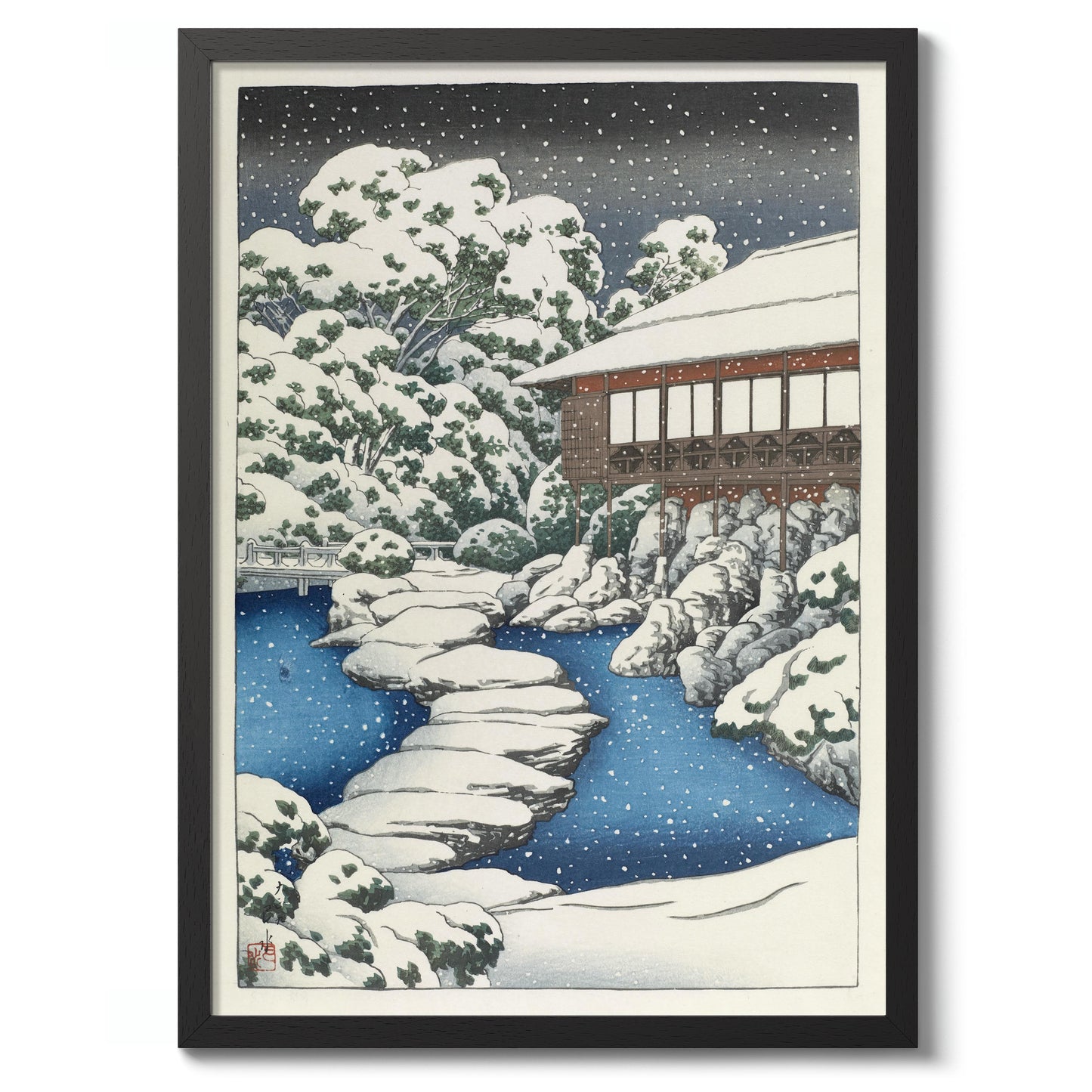 Neige dans une maison d'hôtes au bord de l'étang