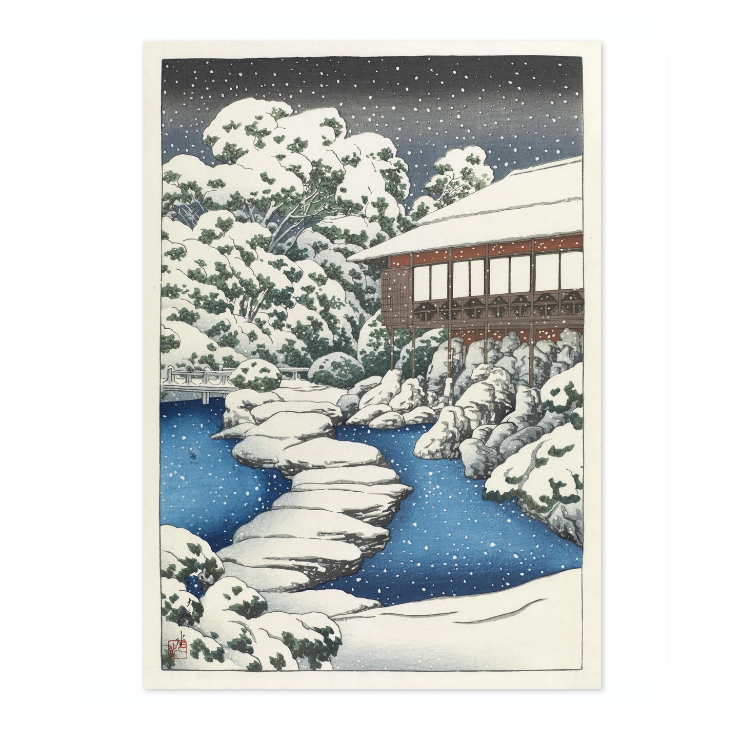 Neige dans une maison d'hôtes au bord de l'étang