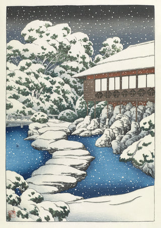 Neige dans une maison d'hôtes au bord de l'étang print