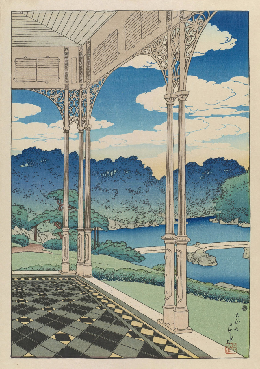 Der Garten aus einem westlich gestalteten Gebäude betrachtet - Print Only frame