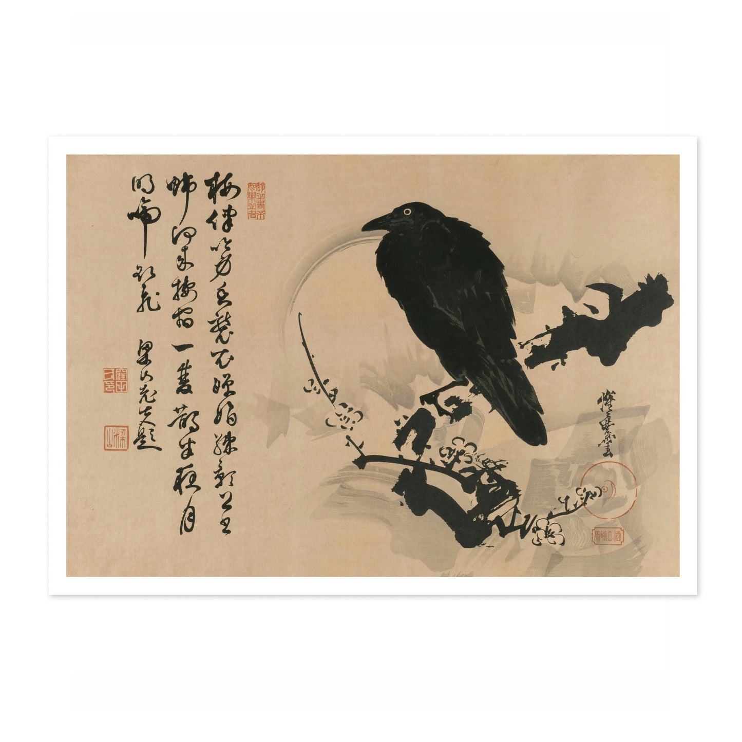 Full Moon with Crow on Plum Branch