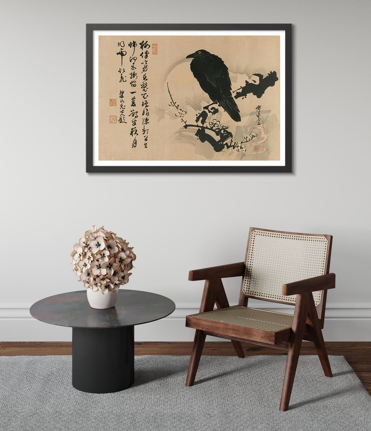 Full Moon with Crow on Plum Branch