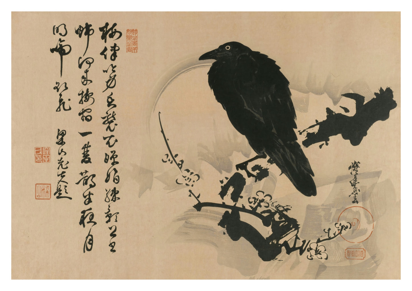 Full Moon with Crow on Plum Branch