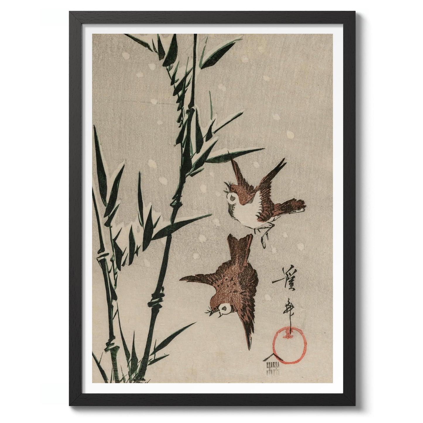 Sparrows, Bamboo & Falling Snow