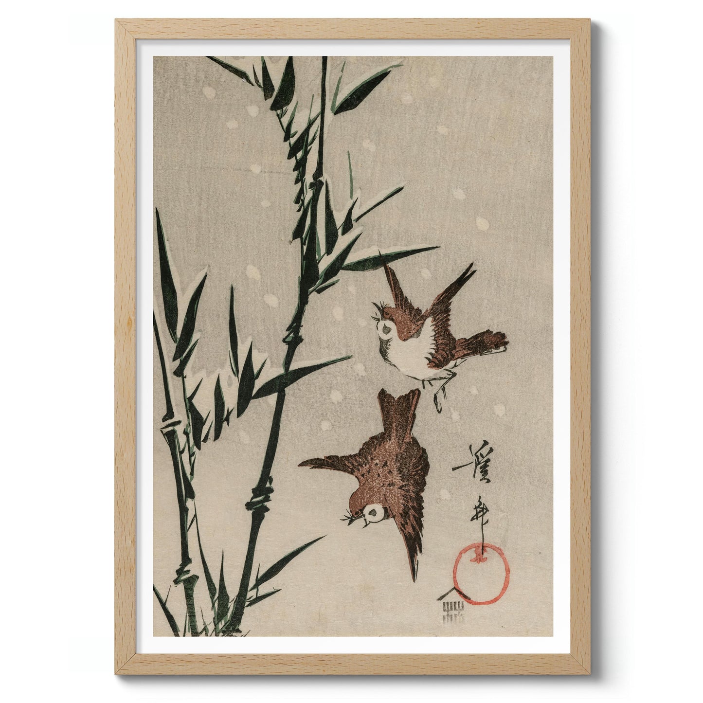 Sparrows, Bamboo & Falling Snow