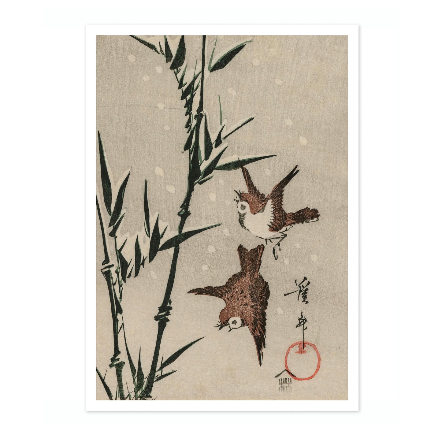 Sparrows, Bamboo & Falling Snow