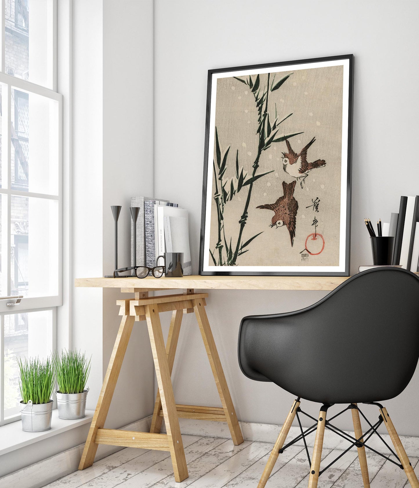 Sparrows, Bamboo & Falling Snow