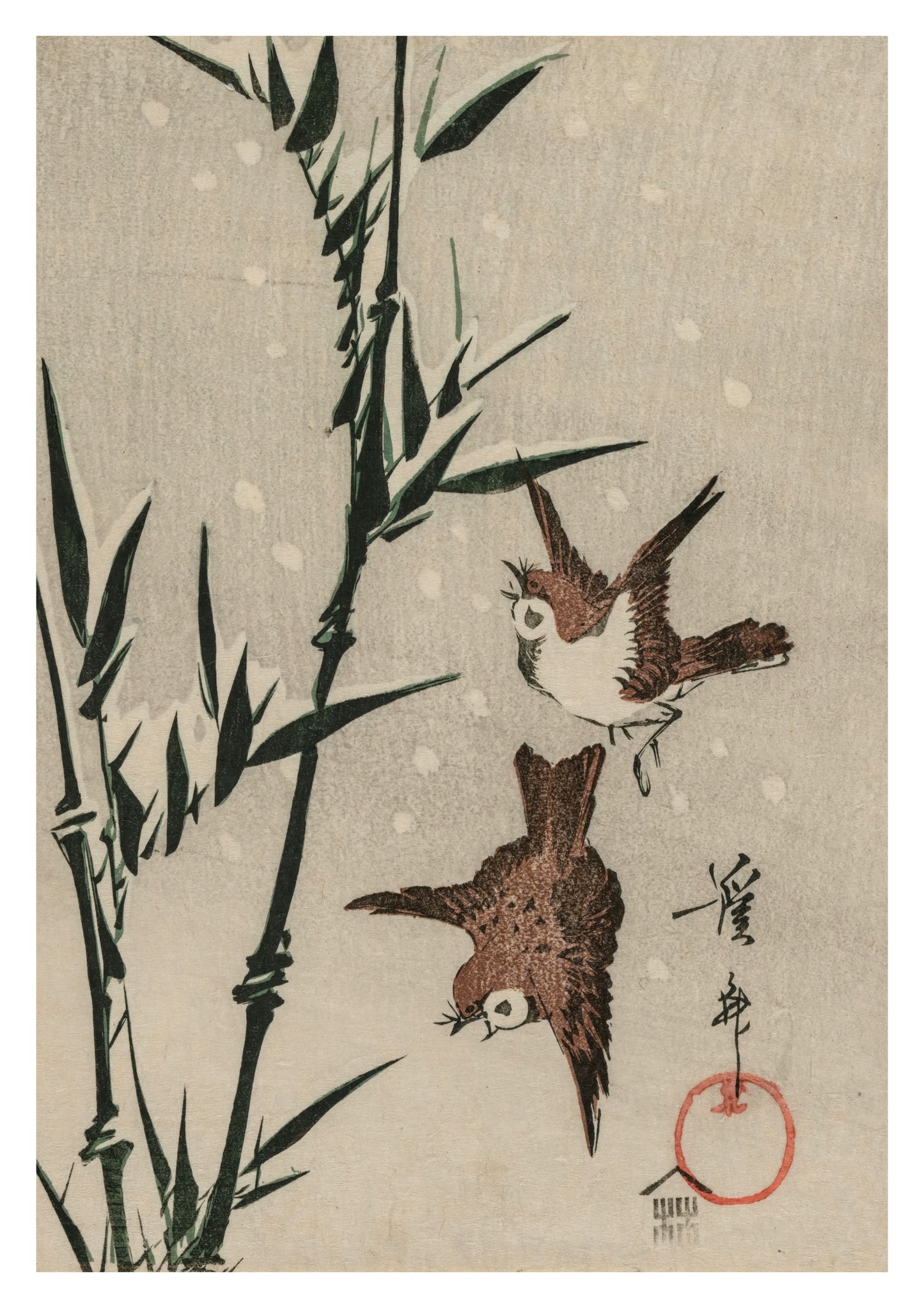 Sparrows, Bamboo & Falling Snow