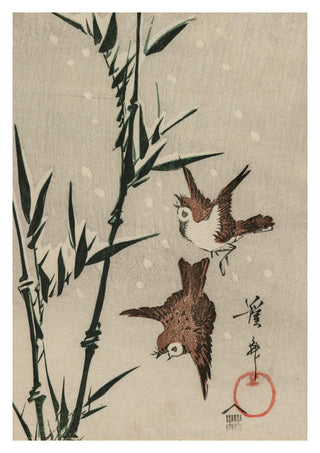 Sparrows, Bamboo & Falling Snow print