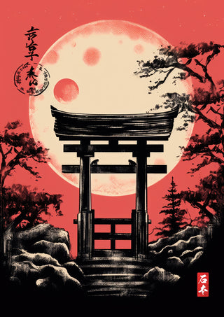 Japanse tempel bij schemering print