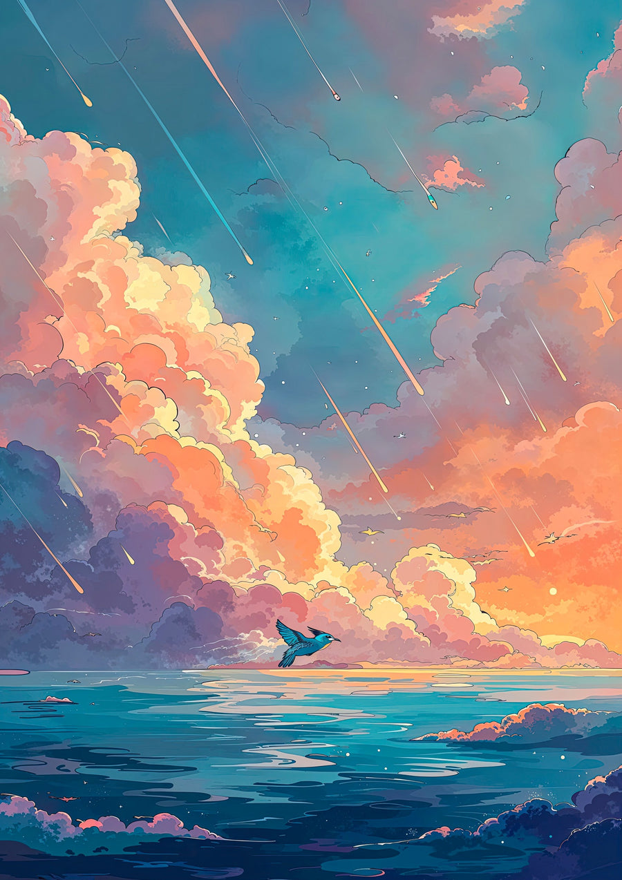 Vogel fliegt über rosa Wolken - Print Only frame