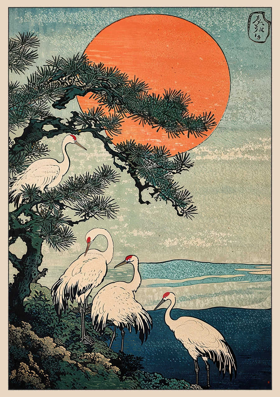Woodblock Cranes - Print Only frame